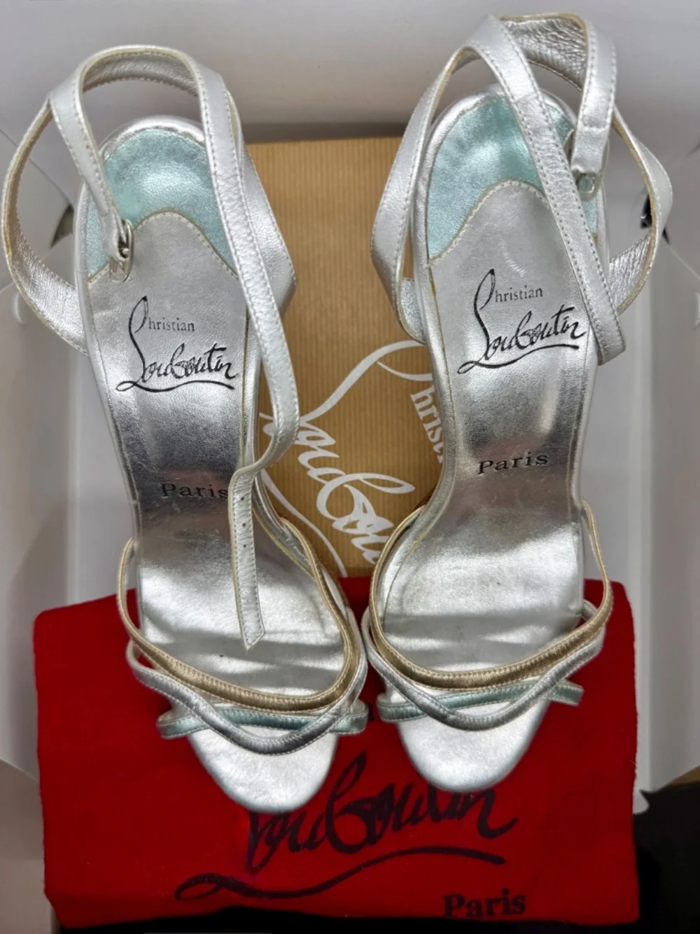 Christian Louboutin Silver Gold Mint Strappy Sandals 39